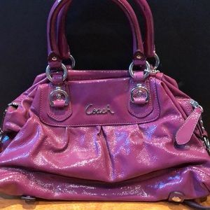 Convertible coach bag in purple patent leather